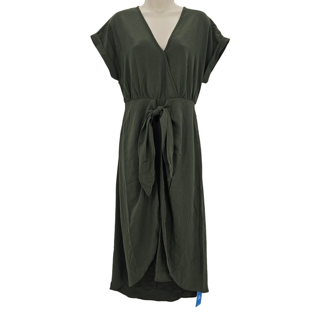 Cupshe Womans size S Olive Short Sleeve V-Neck Waist Wrap Tie Midi Dress NEW